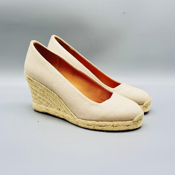 J Crew Shoes Womens 7 Beige Canvas Seville Wedge Espadrille Slip On Heels Summer - Picture 2 of 13